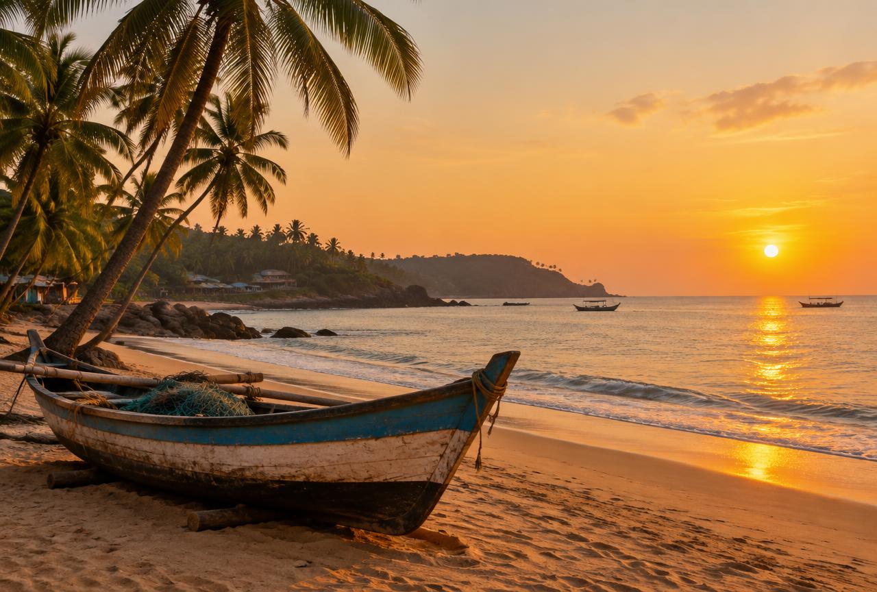 Wooden fishing boat on a Goa beach at sunset with palm trees