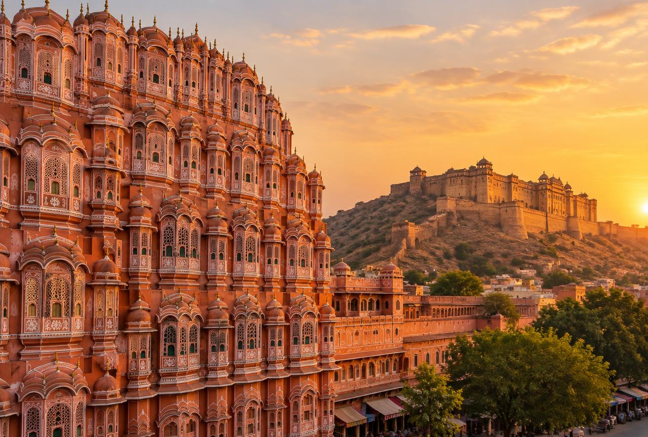 Pink sandstone palace facade in Rajasthan with a hill fort at sunset