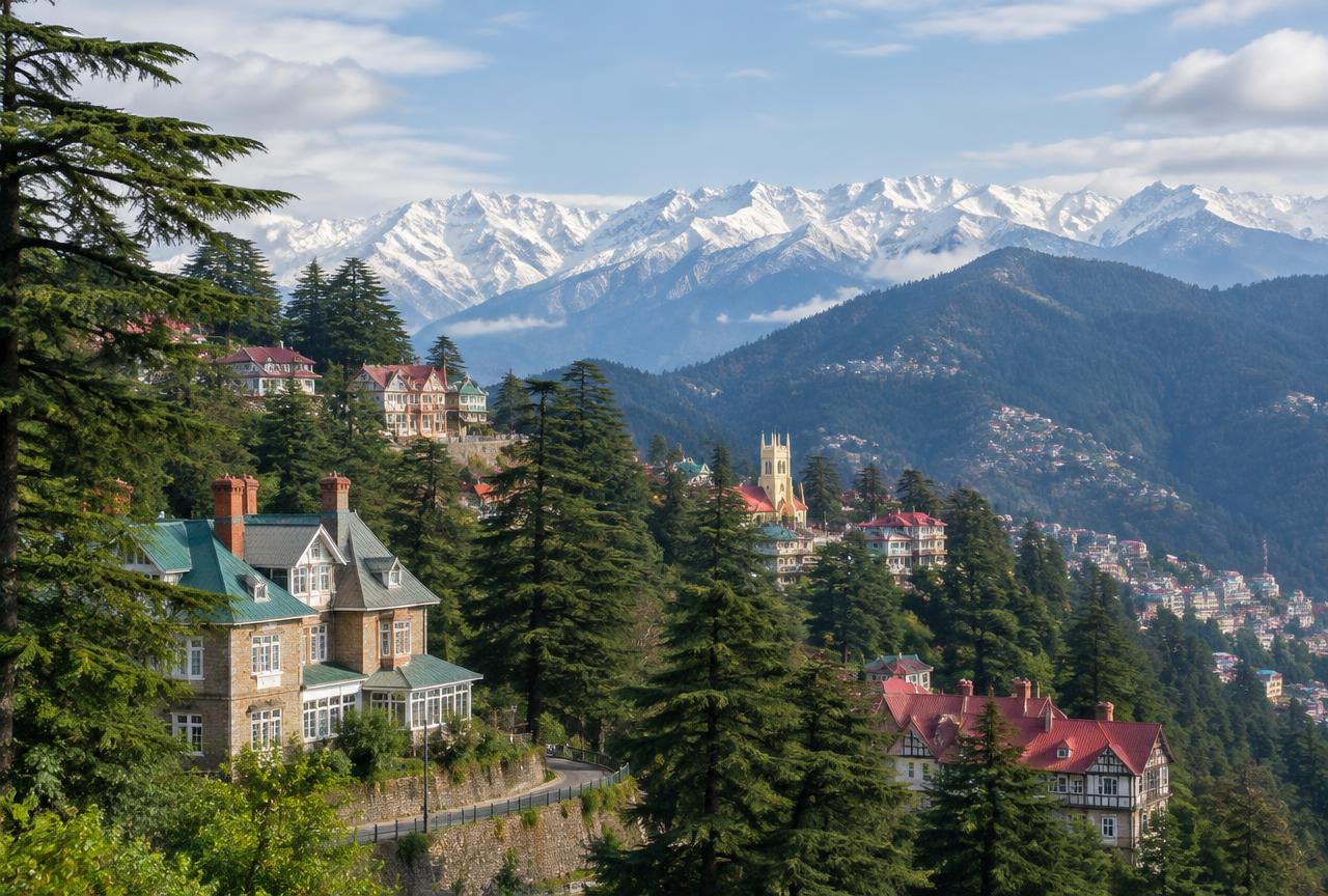 Hillside houses among pine trees with snow-capped Himalayan peaks behind